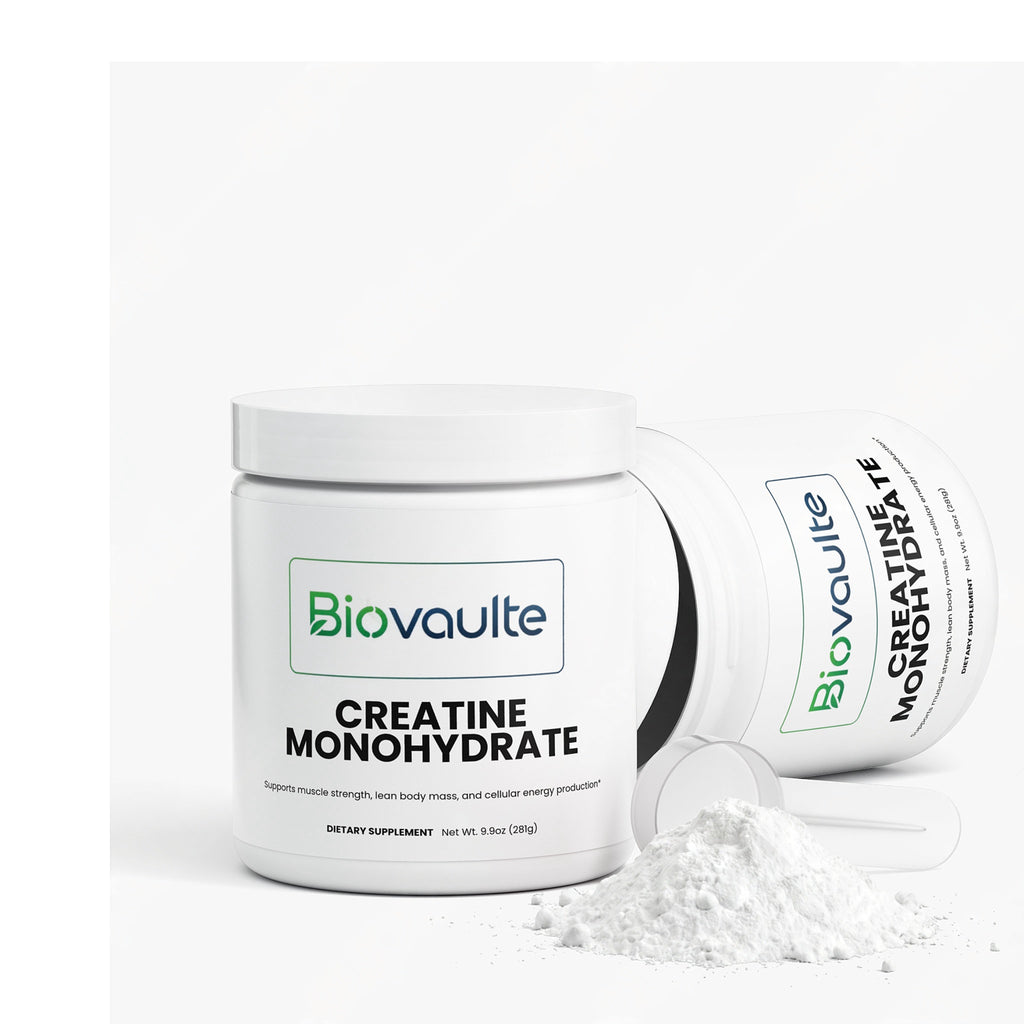 Biovaule Creatine Monohydrate supplement container with open lid on a white background