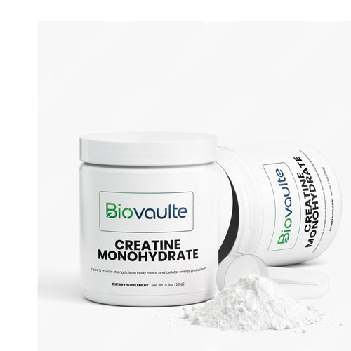 Biovaule Creatine Monohydrate supplement container with open lid on a white background