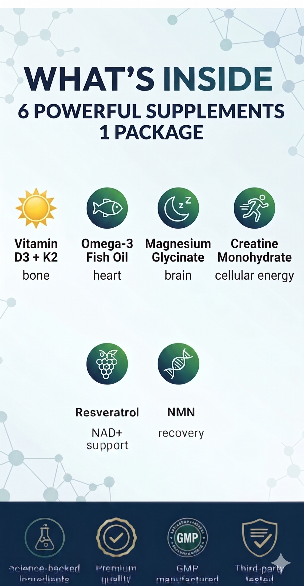 Supplement package with icons and text highlighting various health benefits on a white background.
