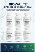 Biovaulte supplement bottles with product names and benefits on a white background