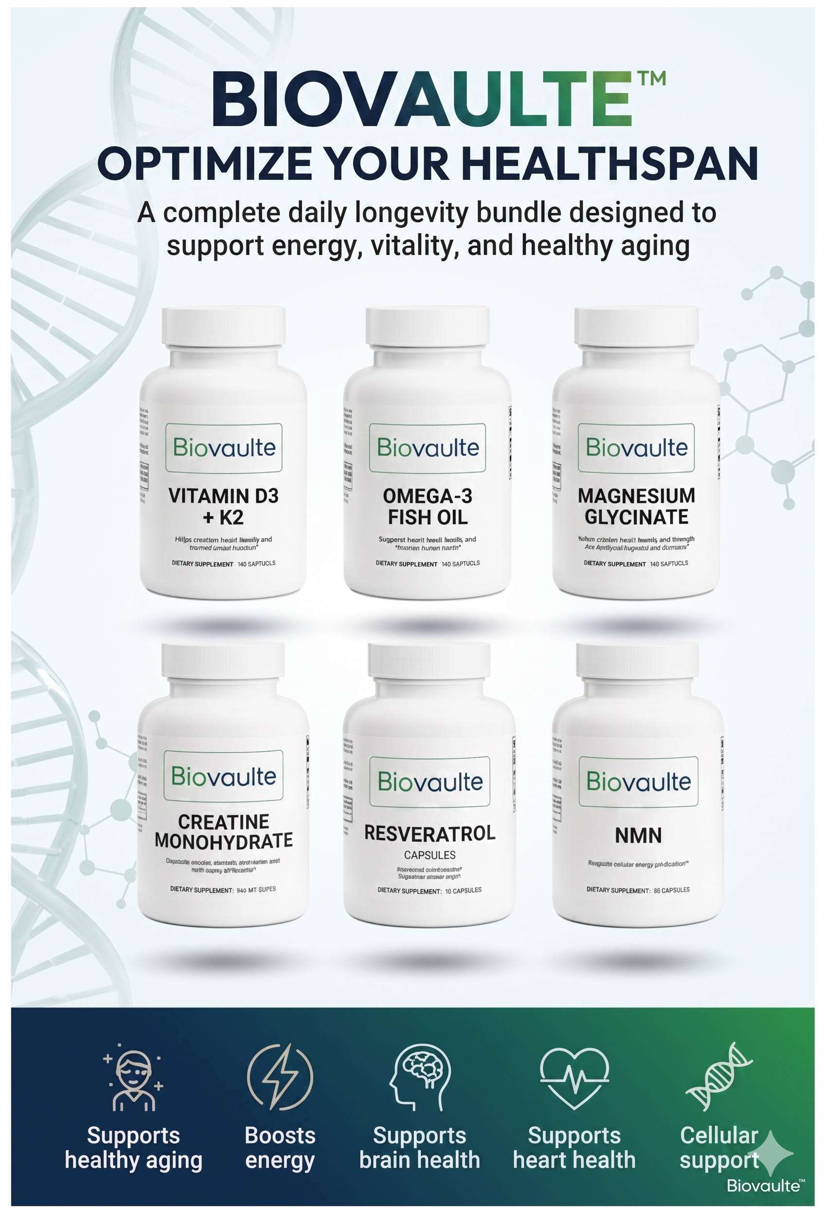 Biovaulte supplement bottles with product names and benefits on a white background